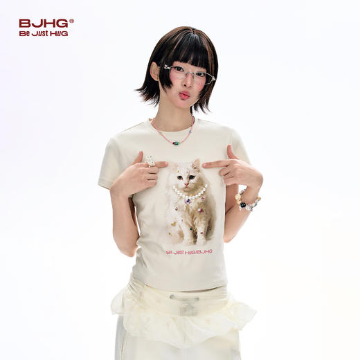 BJHG不计后果 圆领短袖T恤女款夏季珍珠小猫印花美式潮流修身上衣 商品图2