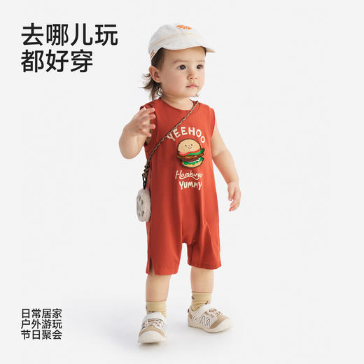 【100%精梳棉】英氏婴儿衣服夏季男宝宝背心条纹纯棉连体衣薄款男童户外卡通哈衣 商品图3