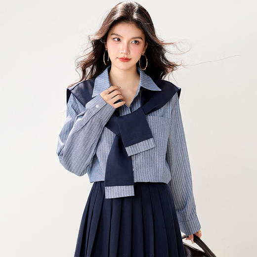 西遇韩系蓝色条纹衬衫女2026春季新款学院风宽松衬衣配披肩两件套SS060158 商品图3