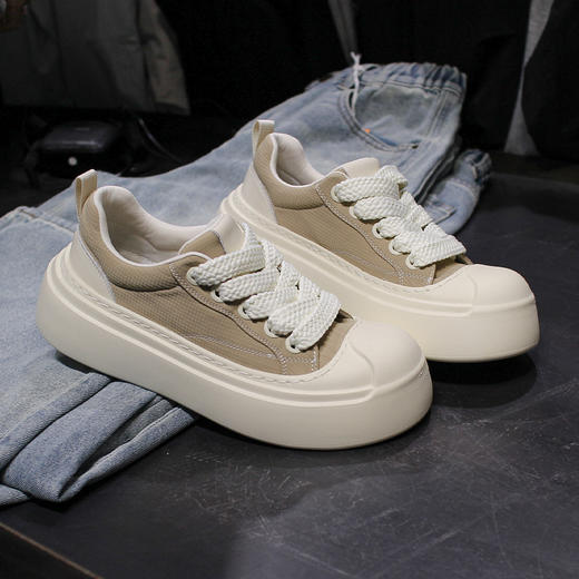 DRONKOO 2026 系带刘海鞋头后帮拼皮暗格纹布发泡厚底低帮板鞋 商品图1