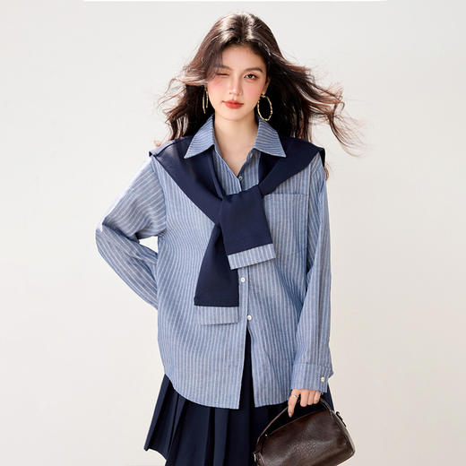 西遇韩系蓝色条纹衬衫女2026春季新款学院风宽松衬衣配披肩两件套SS060158 商品图2