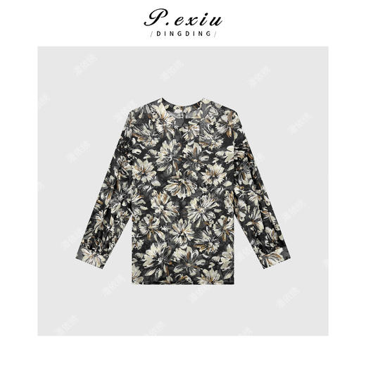 04-6潘依绣丁丁宠粉【繁花】人丝度假风氛围感印花晕染圆领长袖衬衣SH1716 商品图1