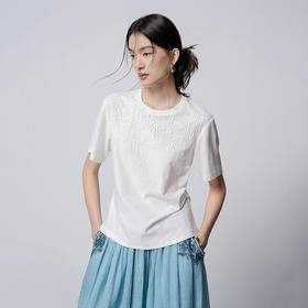 【林栖设计小店】落花轻雨|米白色纯棉传统印花复古百搭2026春新款T恤1961114