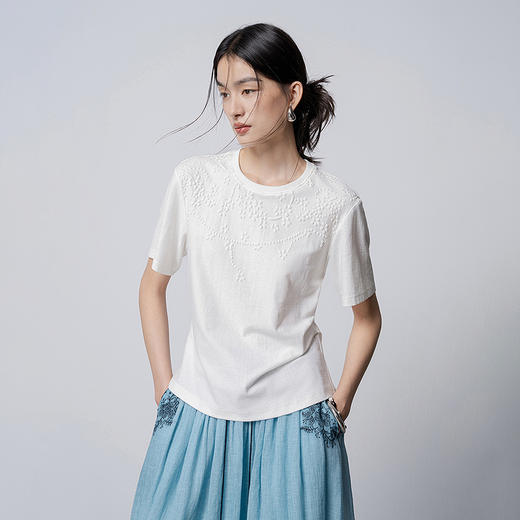 【林栖设计小店】落花轻雨|米白色纯棉传统印花复古百搭2026春新款T恤1961114 商品图0