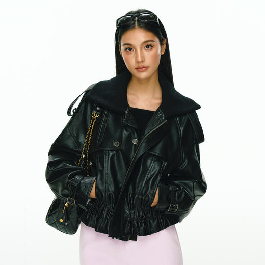 Ariseism 美式复古设计感黑色连帽皮衣外套女春季新款修身上衣 商品图0