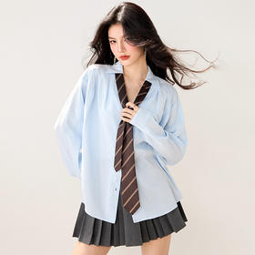 西遇POLO领配领带长袖衬衫女2026年春季新款宽松学院风蓝色衬衣SS060157