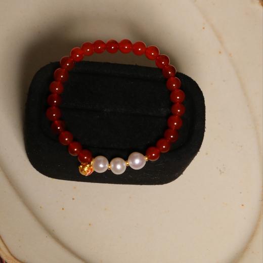 红玛瑙珍珠手串 单颗珍珠 5-6mm 玛瑙珠子 4mm  三颗珍珠 6-7mm 玛瑙珠子 6mm 配件 925 银镀金   新年氛围感 商品图8