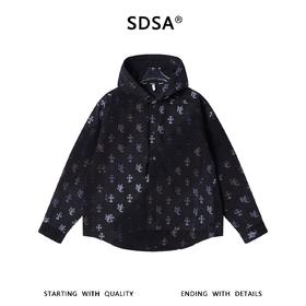 SDSA男装2026新款高贵轻奢韩版潮牌撞色十字印花按扣连帽衬衫百搭