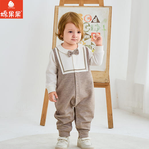 棉果果春季新品男童氨棉纯棉针织斜纹小绅士假两件对开爬衣对开连体衣M112722226141 商品图0