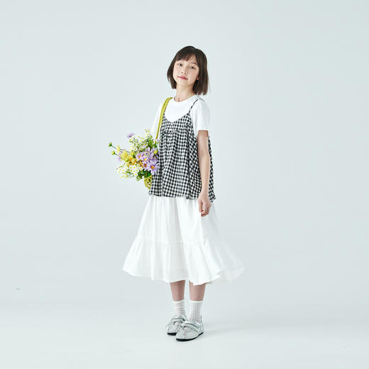 棵初26年夏新款亲子中大女童黑白格纹吊带短袖T恤连衣裙两件套装 商品图1