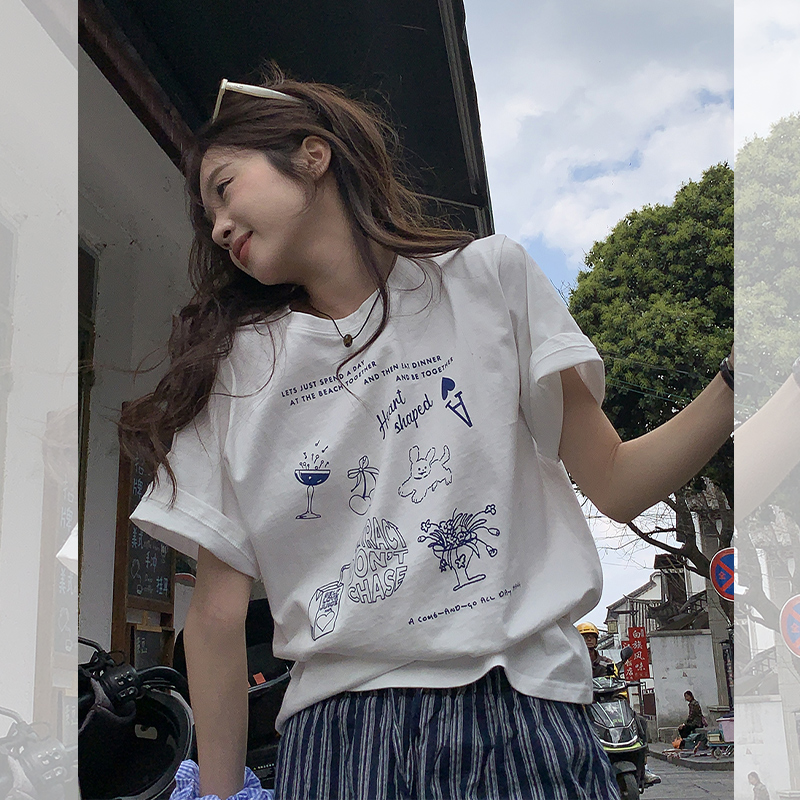 【限时秒杀】西遇卡通童趣字母印花短袖T恤女2026年春季新款宽松白色套头上衣SS060162