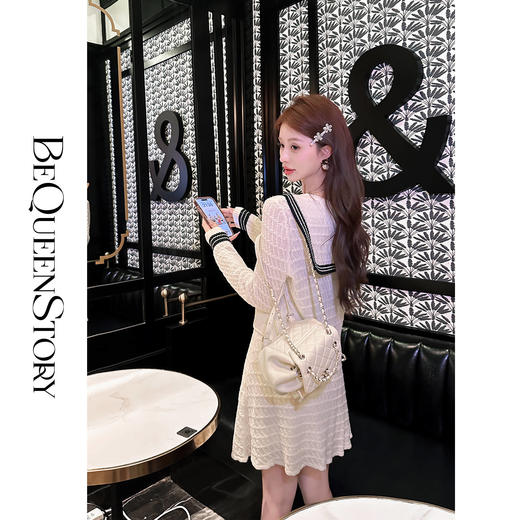 【大货捡漏，不退不换】  【航海香香】时尚复古百搭修身撞色海军领上衣&伞摆短裙套装 商品图3