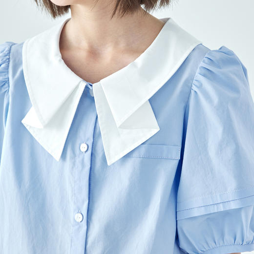 棵初26年夏季新款亲子中大女童蝴蝶结小衫泡泡袖蓝白撞色纯棉短袖 商品图3