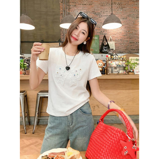 <曾小咸推荐>彩色珠珠蝴蝶结刺绣短袖t恤 商品图0