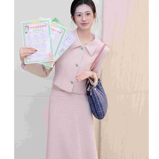 法小曼*子珍播音艺考粉色西装套裙女小香风气质主持人演讲正装伞裙套装 商品图2