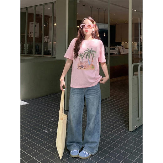 <曾小咸推荐>韩系粉色印花短袖t恤女上衣 商品图1