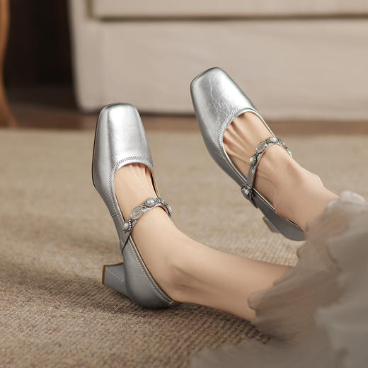 阿么手工女鞋一字带法式珍珠2026新款玛丽珍鞋粗跟超软单鞋6.5CM 商品图4