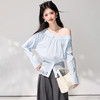 西遇斜领露肩蓝色衬衫女2026年春季新款不规则蕾丝薄款套头衬衣SS060150 商品缩略图3