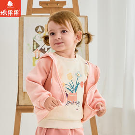 棉果果春季新品女童纯棉小线圈米白圆领套头卫衣M122180226110