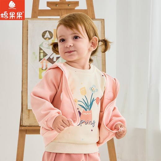 棉果果春季新品女童纯棉小线圈米白圆领套头卫衣M122180226110 商品图0