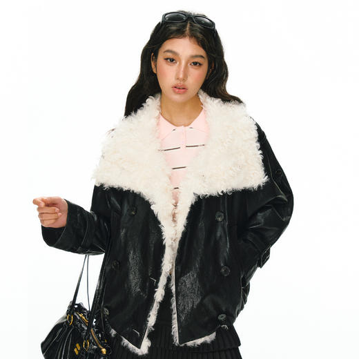 Ariseism 美式复古设计感黑色亮皮白色毛领皮衣外套女秋冬新款 商品图0