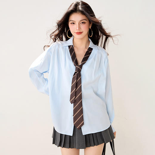 西遇POLO领配领带长袖衬衫女2026年春季新款宽松学院风蓝色衬衣SS060157 商品图4