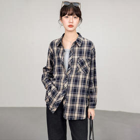 西遇藏青色格子衬衫女2026年春季新款复古港风宽松翻领长袖上衣SS060147