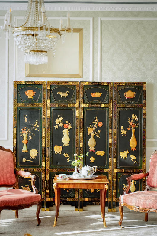 【已售】独角鹿西洋古董20世纪50-70年代中国创汇时期出品黑漆地百宝嵌博古纹四扇屏风 商品图2