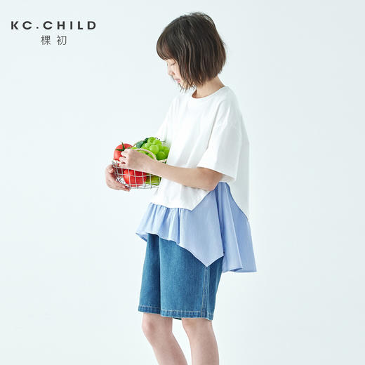 棵初26年夏季新款中大女童不规则拼接休闲短袖纯棉条纹假两件T恤 商品图0