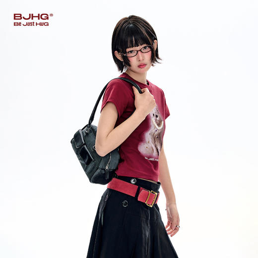 BJHG不计后果 圆领短袖T恤女款夏季珍珠小猫印花美式潮流修身上衣 商品图3