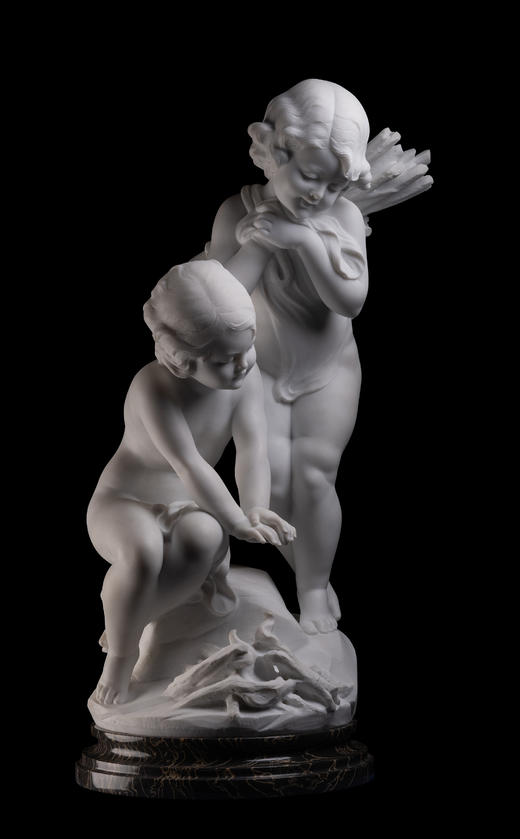 独角鹿西洋古董19世纪末意大利雕塑家Cesare Viviani 签名创作卡拉拉大理石杰作《火炉边的温情》 商品图2