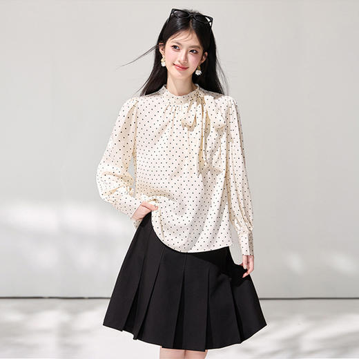 西遇法式波点立领衬衫女2026春季新款蝴蝶结飘带气质通勤长袖衬衣SS060148 商品图1
