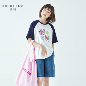 棵初26年夏季新款亲子中大女童趣味图案印花T恤纯棉宽松插肩短袖