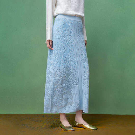【林栖设计小店】绮花澄意|浅兰色提花优雅2026春新款毛织半身裙1961217 商品图0