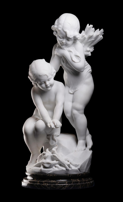 独角鹿西洋古董19世纪末意大利雕塑家Cesare Viviani 签名创作卡拉拉大理石杰作《火炉边的温情》 商品图0