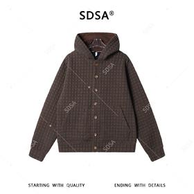 SDSA男装2026新款高贵轻奢美式复古小格子纽扣连帽卫衣外套百搭