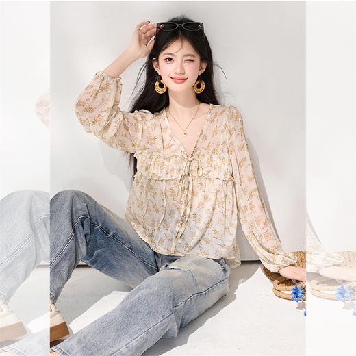 西遇法式碎花衬衫女2026春季新款V领蝴蝶结系带灯笼袖设计感衬衣SS060149 商品图2