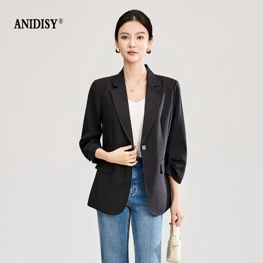 2026春装时尚翻领珍珠扣抽褶七分袖收腰西装外套 商品图2