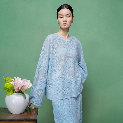 【林栖设计小店】绮花澄意|浅兰色提花肌理2026春新款宽松毛织上衣1961218 商品图5