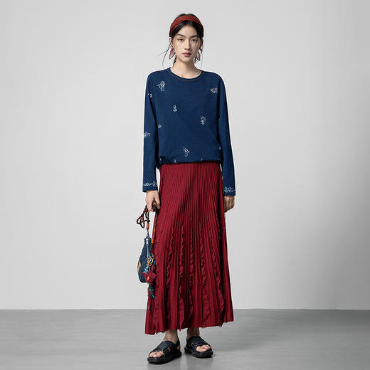 【林栖设计小店】手工打籽|纯棉藏青色优雅印花2026春新款复古长袖T恤1961159 商品图4