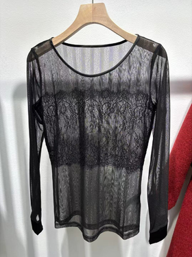 SC1T01_漆黑色_T恤_春夏_圆领网纱透视蕾丝拼接长袖_高级女装_BERNIEELEN 伯妮斯茵