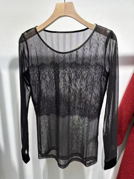 SC1T01_漆黑色_T恤_春夏_圆领网纱透视蕾丝拼接长袖_高级女装_BERNIEELEN 伯妮斯茵 商品图0