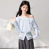 西遇斜领露肩蓝色衬衫女2026年春季新款不规则蕾丝薄款套头衬衣SS060150 商品缩略图0