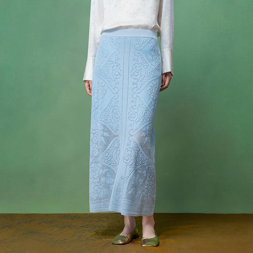 【林栖设计小店】绮花澄意|浅兰色提花优雅2026春新款毛织半身裙1961217 商品图1