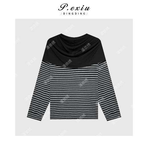 04-6潘依绣丁丁宠粉披肩设计撞色条纹圆领长袖上衣Q8813 商品图1