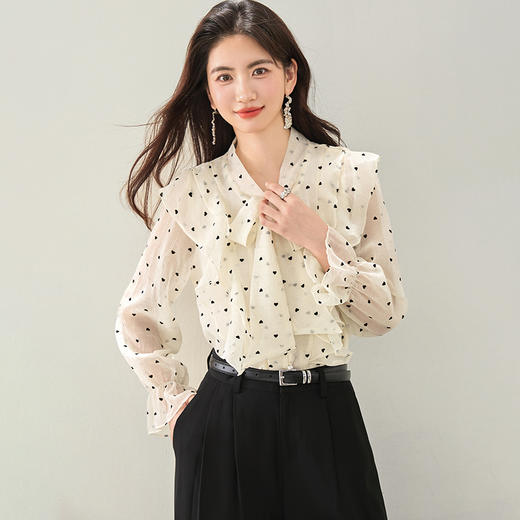 西遇荷叶边波点长袖衬衫女2026年春季新款法式v领宽松蝴蝶结上衣SS060151 商品图2