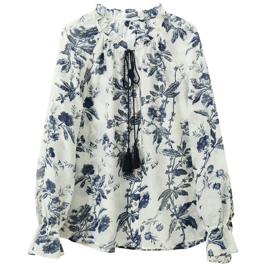 【桑蚕丝】三彩2026春季新款荷叶边圆领印花衬衫小衫衬衣宽松M 商品图4