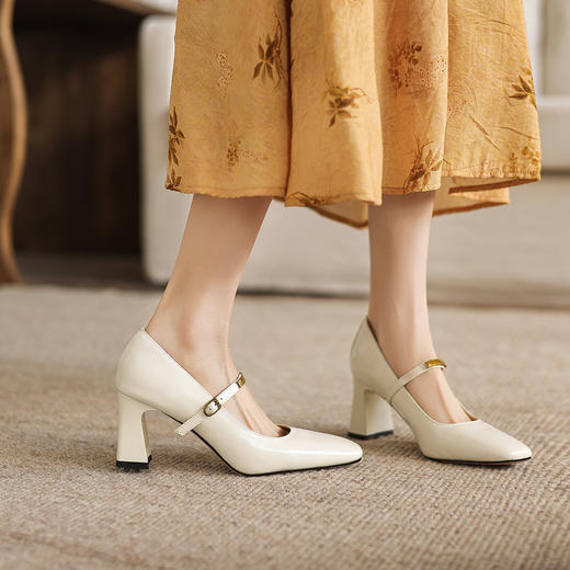 阿么手工女鞋百搭气质单鞋真皮一字带方头高跟鞋2026新款洋气7CM 商品图2