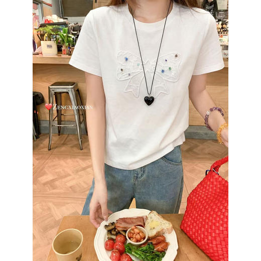 <曾小咸推荐>彩色珠珠蝴蝶结刺绣短袖t恤 商品图3