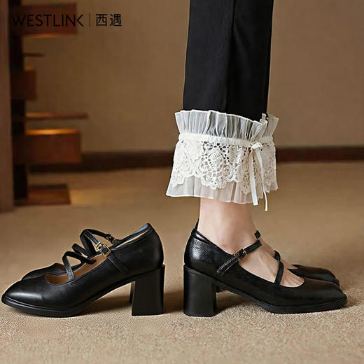 西遇浅口粗跟玛丽珍女鞋2026新款春季交叉细带皮鞋法式舒适单鞋子V0166266 商品图3